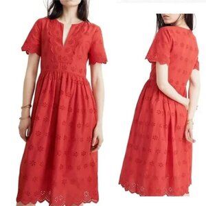 NWT *Flaw* Madewell Cotton Scalloped Eyelet Deep V Midi Dress 00 Red Lined L2364